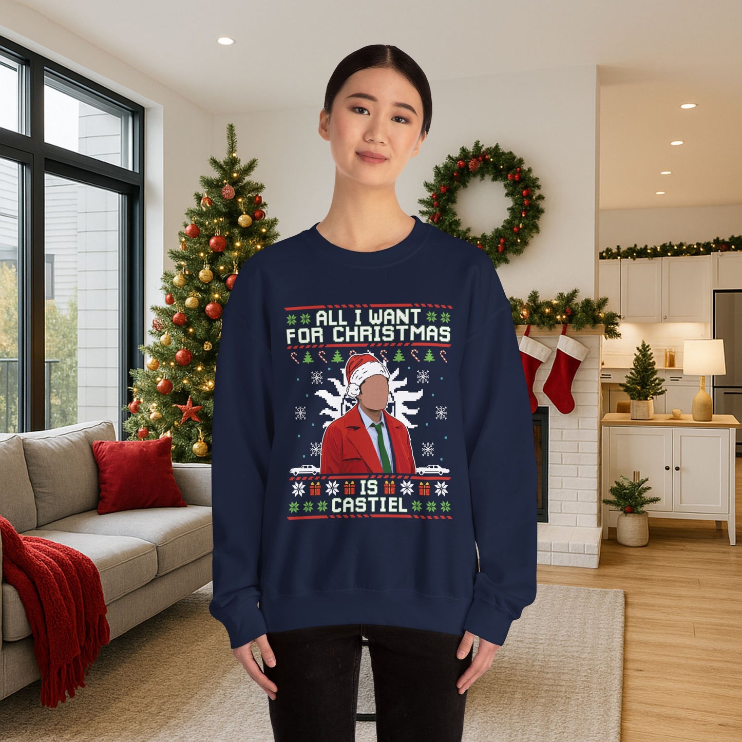 All I Want For Christmas Is Castiel Sweatshirt | Supernatural Angel Ugly Christmas Sweater | Castiel Holiday Top