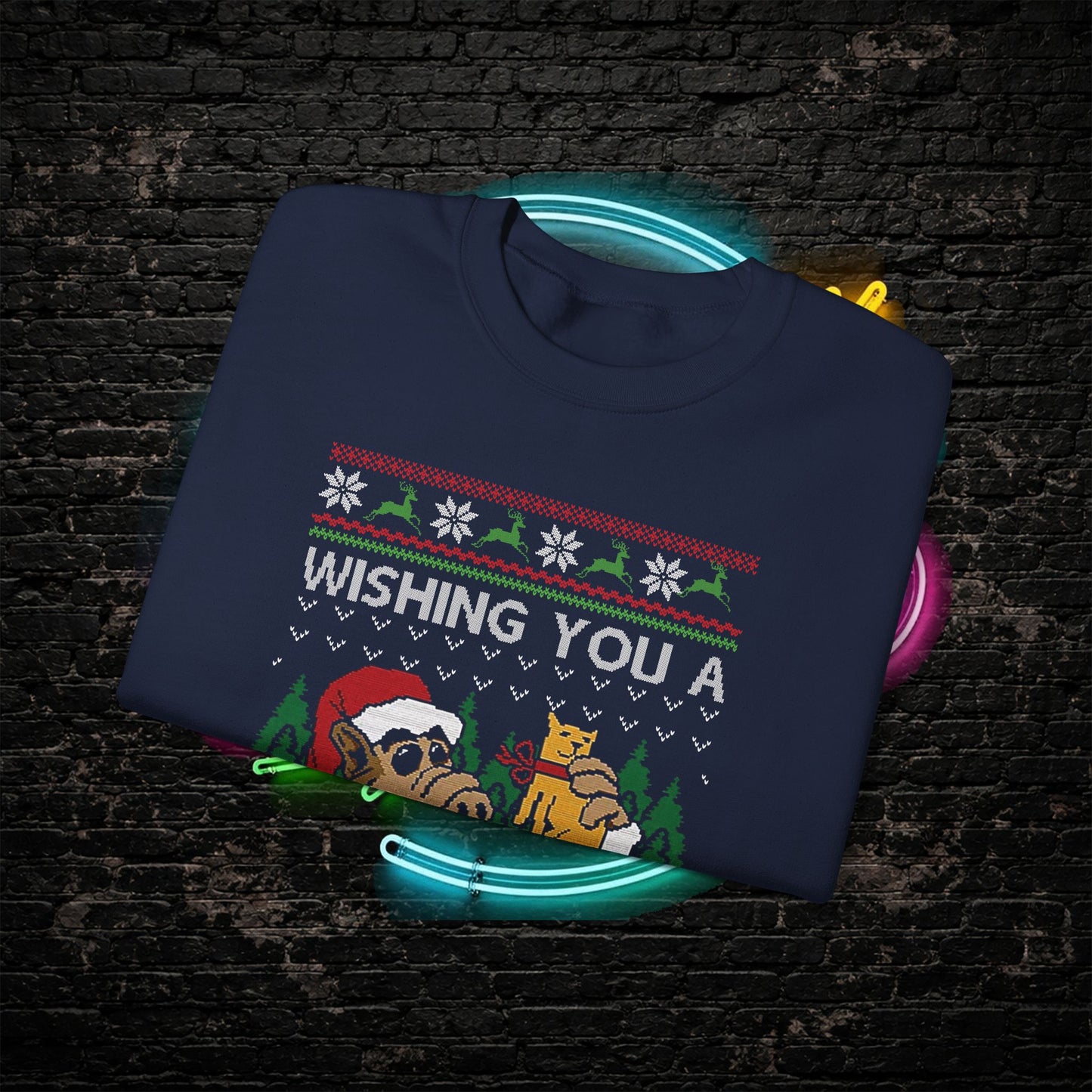 ALF Meowy Catmas Ugly Christmas Sweatshirt | 80s Alien Sitcom Cat Lover Sweater | Retro TV Fan Art