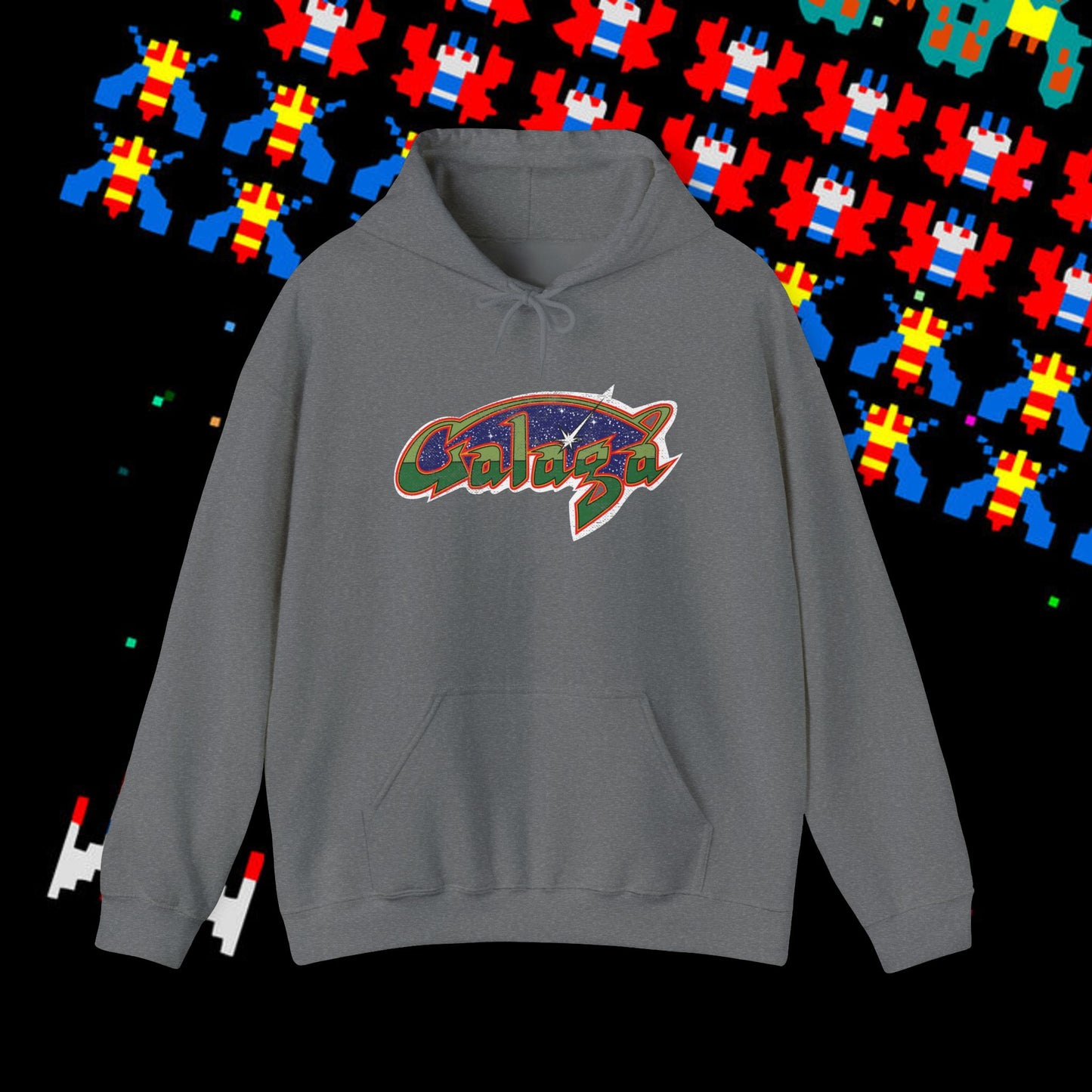 Retro Galaxy Arcade Logo Hoodie | 80s Space Shooter Gamer Sweatshirt | Aged and Worn Design | Unisex Pullover