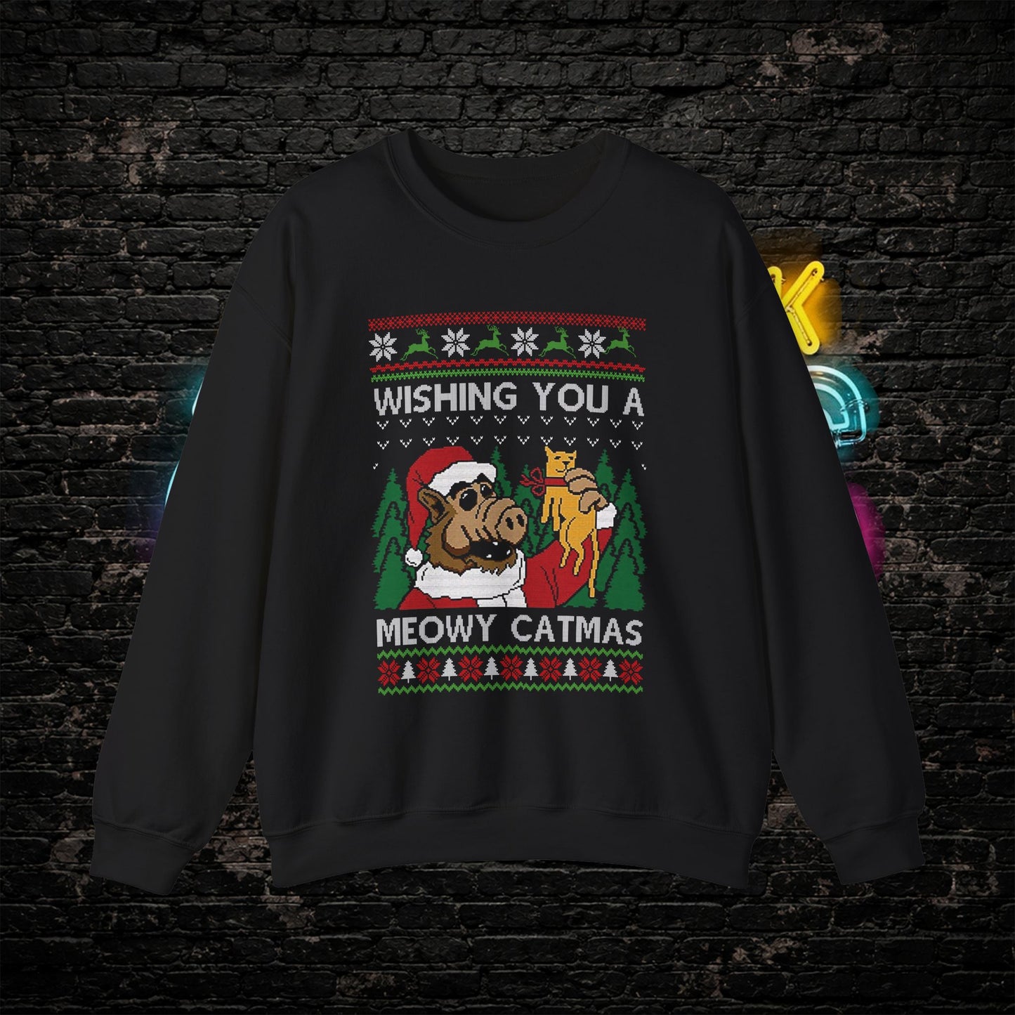 ALF Meowy Catmas Ugly Christmas Sweatshirt | 80s Alien Sitcom Cat Lover Sweater | Retro TV Fan Art