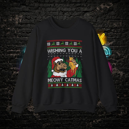 ALF Meowy Catmas Ugly Christmas Sweatshirt | 80s Alien Sitcom Cat Lover Sweater | Retro TV Fan Art