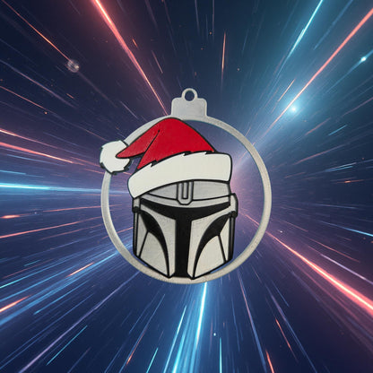Bounty Hunter Helmet Christmas Ornament | Silver Galaxy Armor 3D Printed Tree Decor