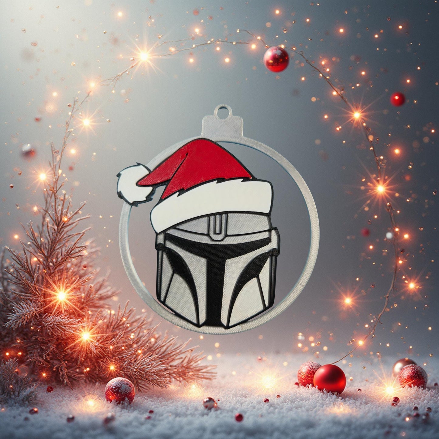 Bounty Hunter Helmet Christmas Ornament | Silver Galaxy Armor 3D Printed Tree Decor
