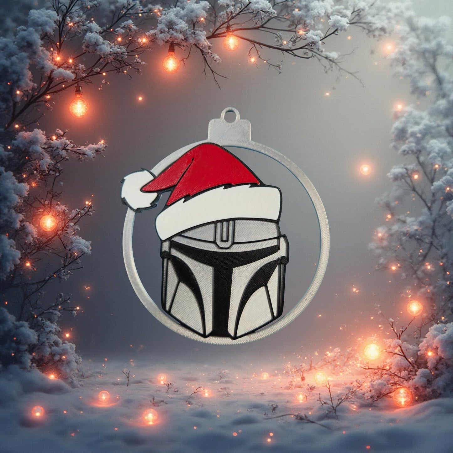 Bounty Hunter Helmet Christmas Ornament | Silver Galaxy Armor 3D Printed Tree Decor