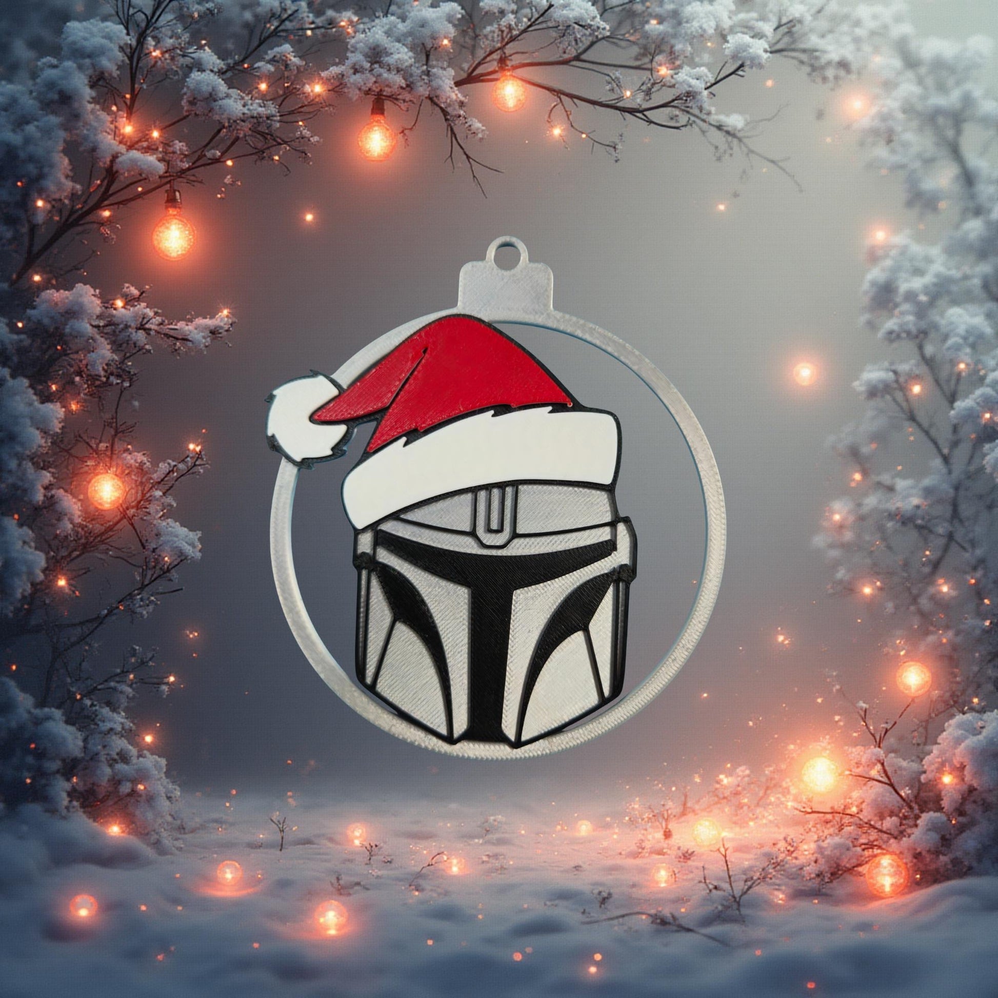 Bounty Hunter Helmet Christmas Ornament | Silver Galaxy Armor 3D Printed Tree Decor
