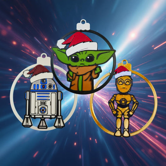Galaxy Sprout & Droid Trio Christmas Ornament 3-Pack | Galactic Holiday 3D Printed Set
