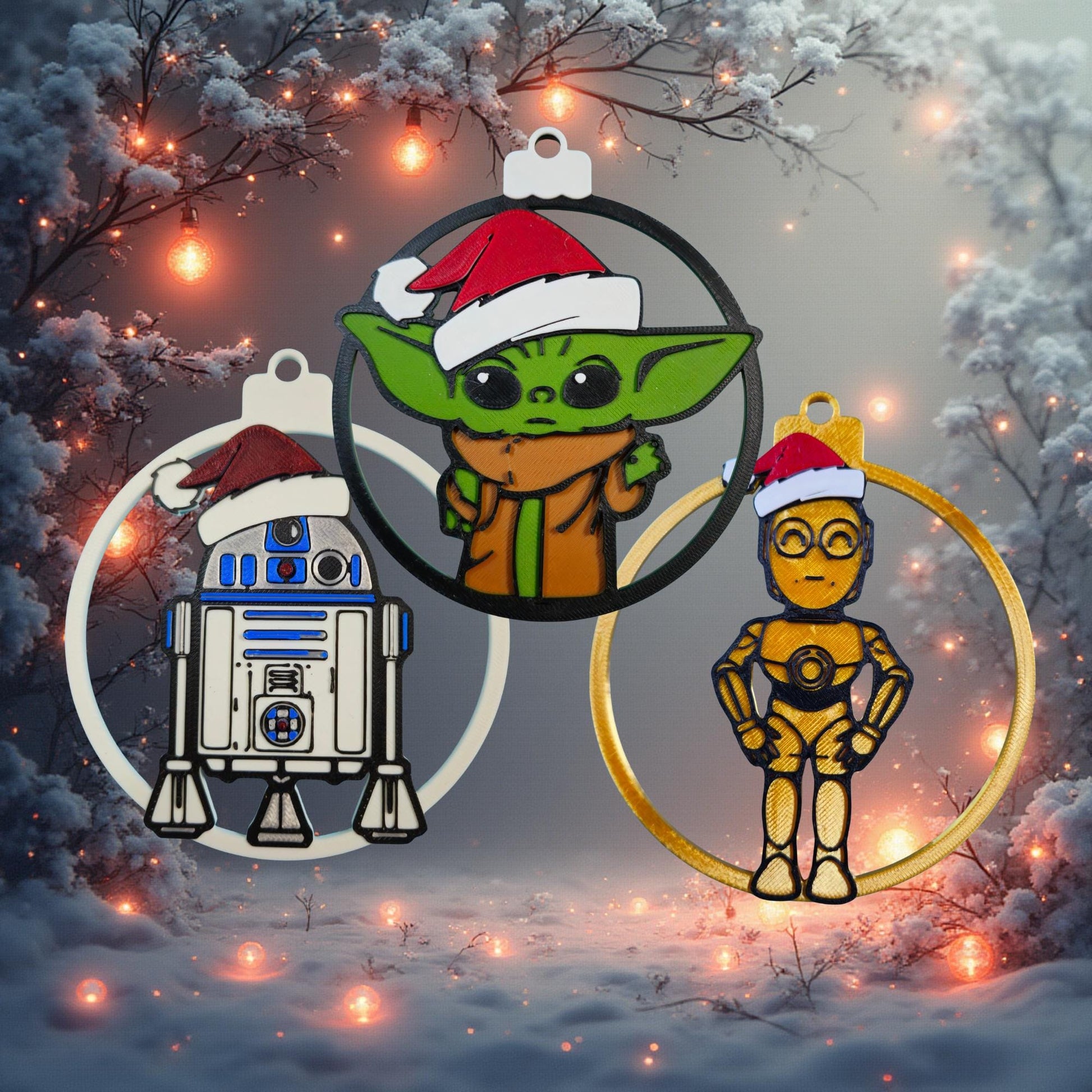 Galaxy Sprout & Droid Trio Christmas Ornament 3-Pack | Galactic Holiday 3D Printed Set
