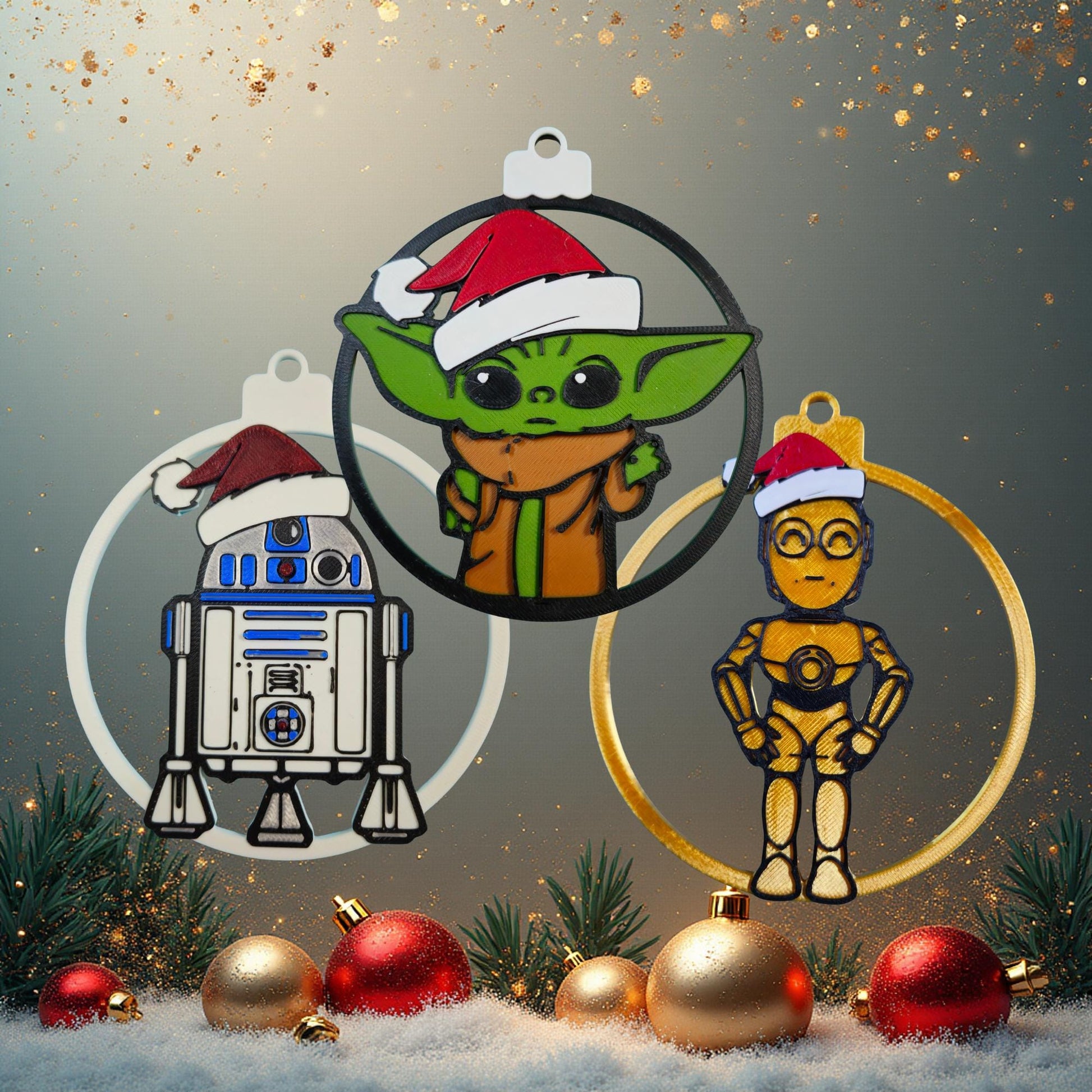 Galaxy Sprout & Droid Trio Christmas Ornament 3-Pack | Galactic Holiday 3D Printed Set