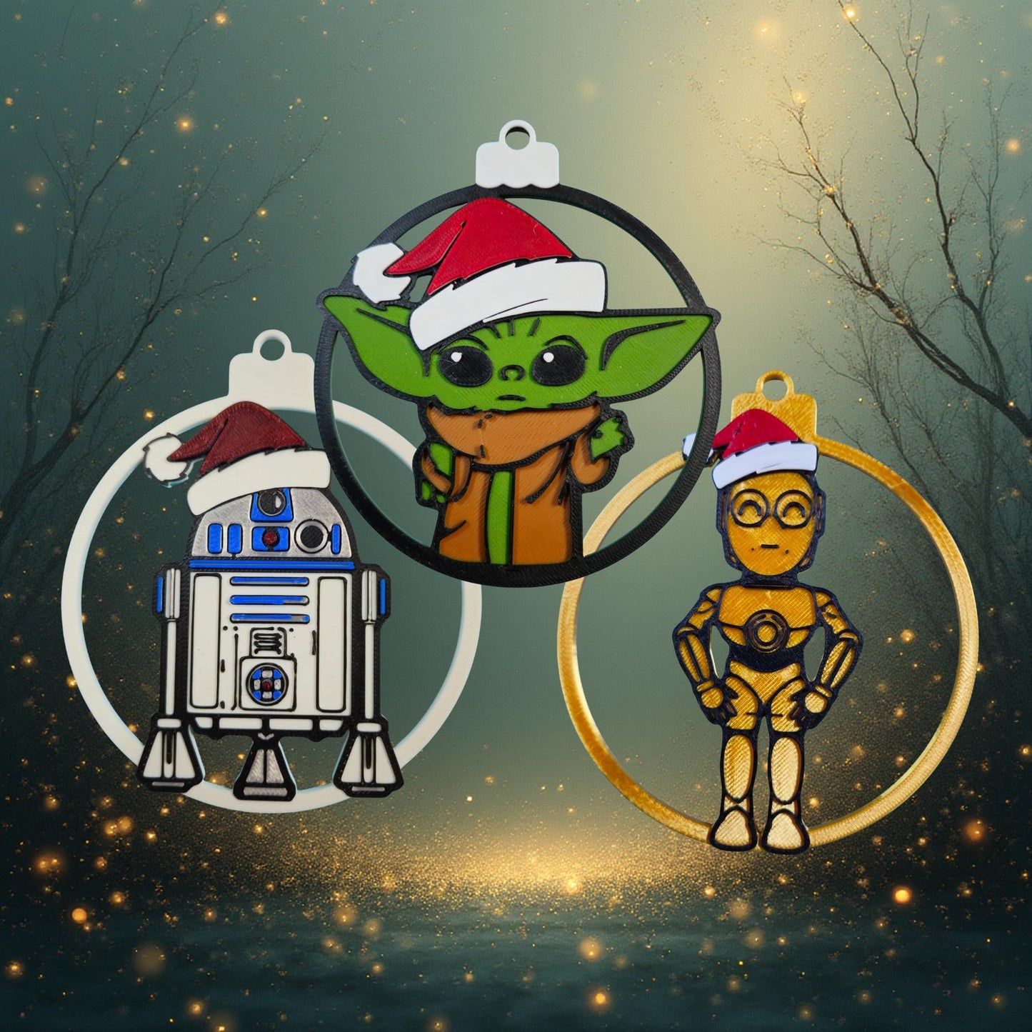 Galaxy Sprout & Droid Trio Christmas Ornament 3-Pack | Galactic Holiday 3D Printed Set