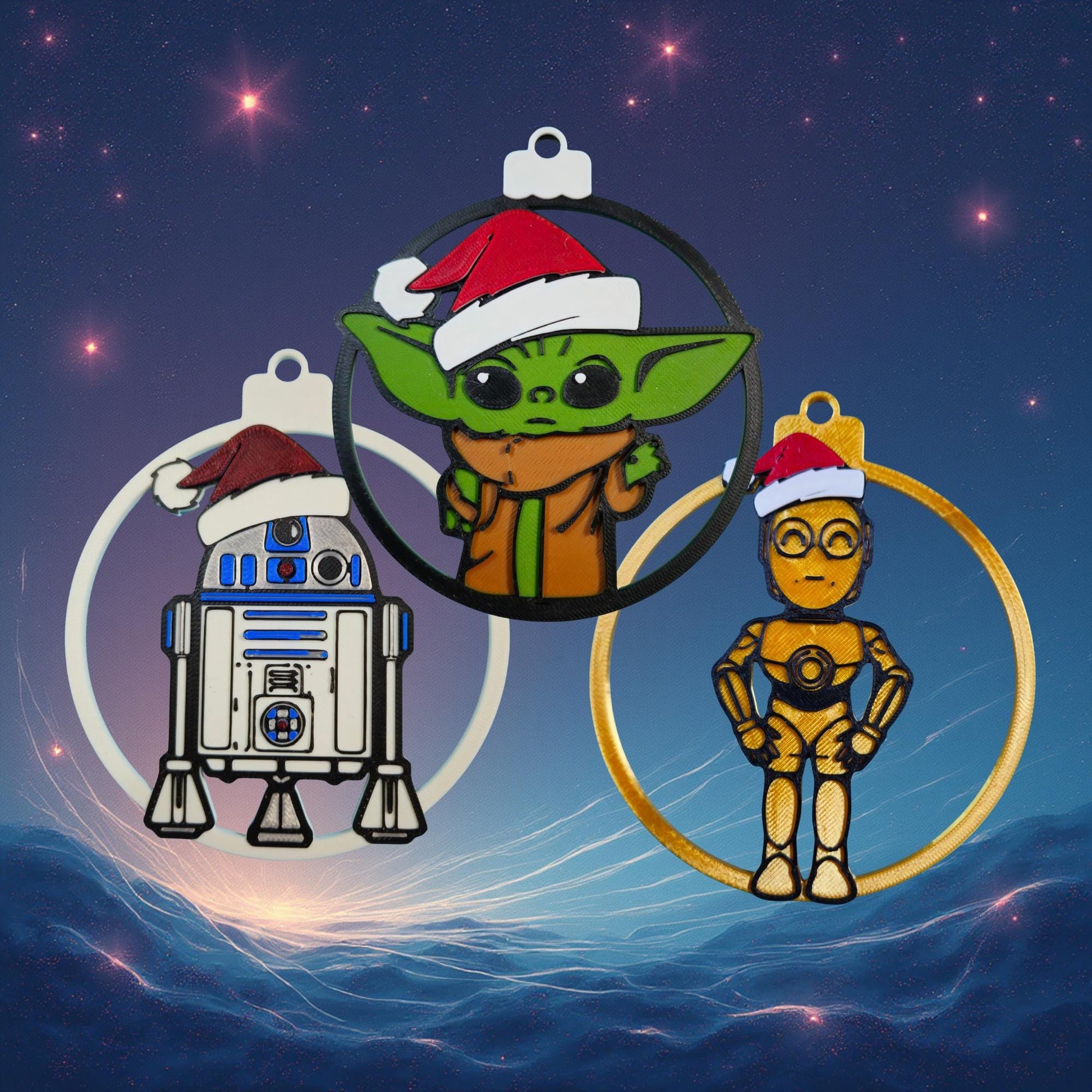 Galaxy Sprout & Droid Trio Christmas Ornament 3-Pack | Galactic Holiday 3D Printed Set