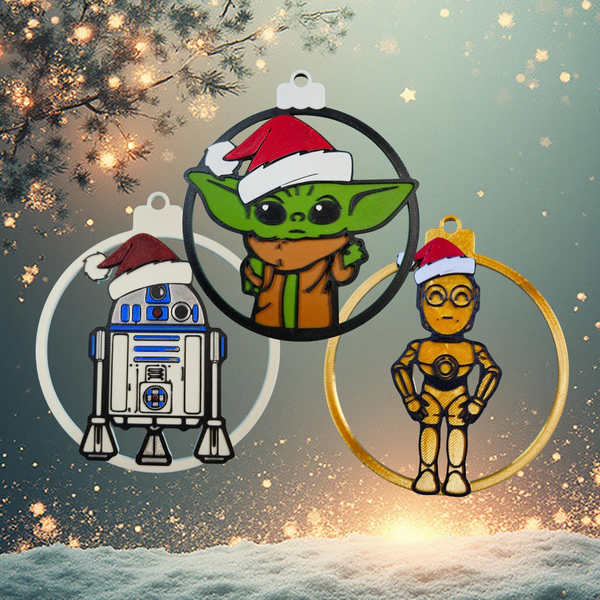 Galaxy Sprout & Droid Trio Christmas Ornament 3-Pack | Galactic Holiday 3D Printed Set