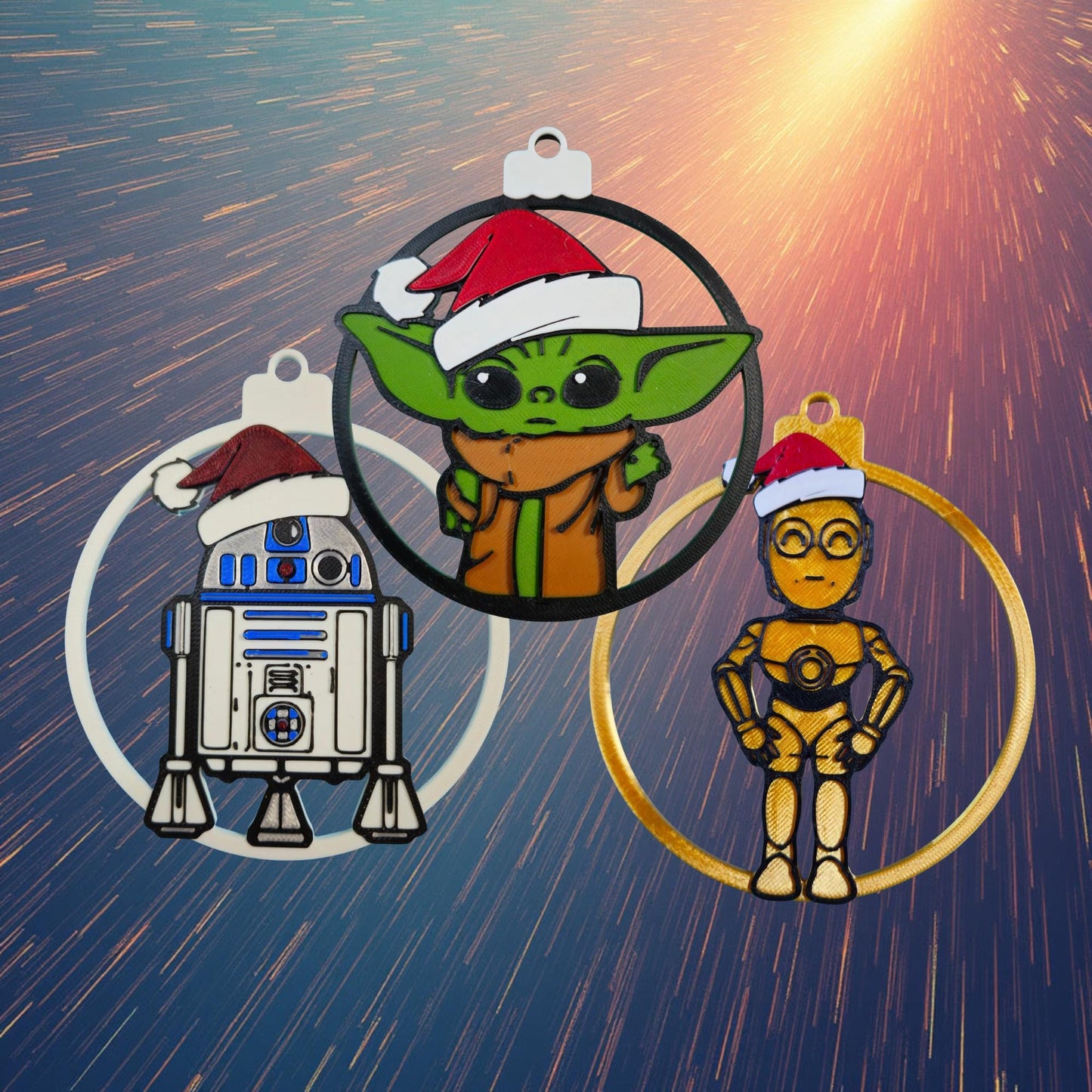 Galaxy Sprout & Droid Trio Christmas Ornament 3-Pack | Galactic Holiday 3D Printed Set