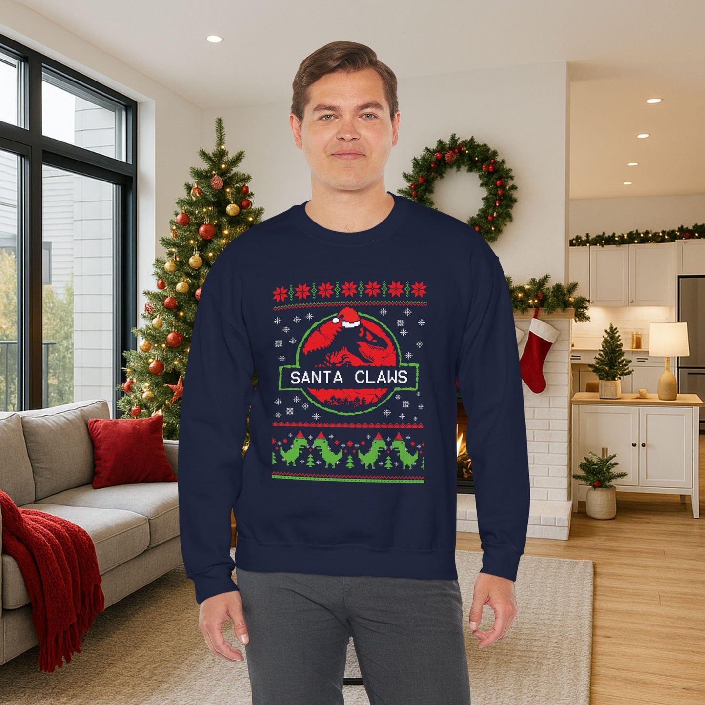 Santa Claws Jurassic Christmas Sweatshirt | Dinosaur Parody Ugly Sweater