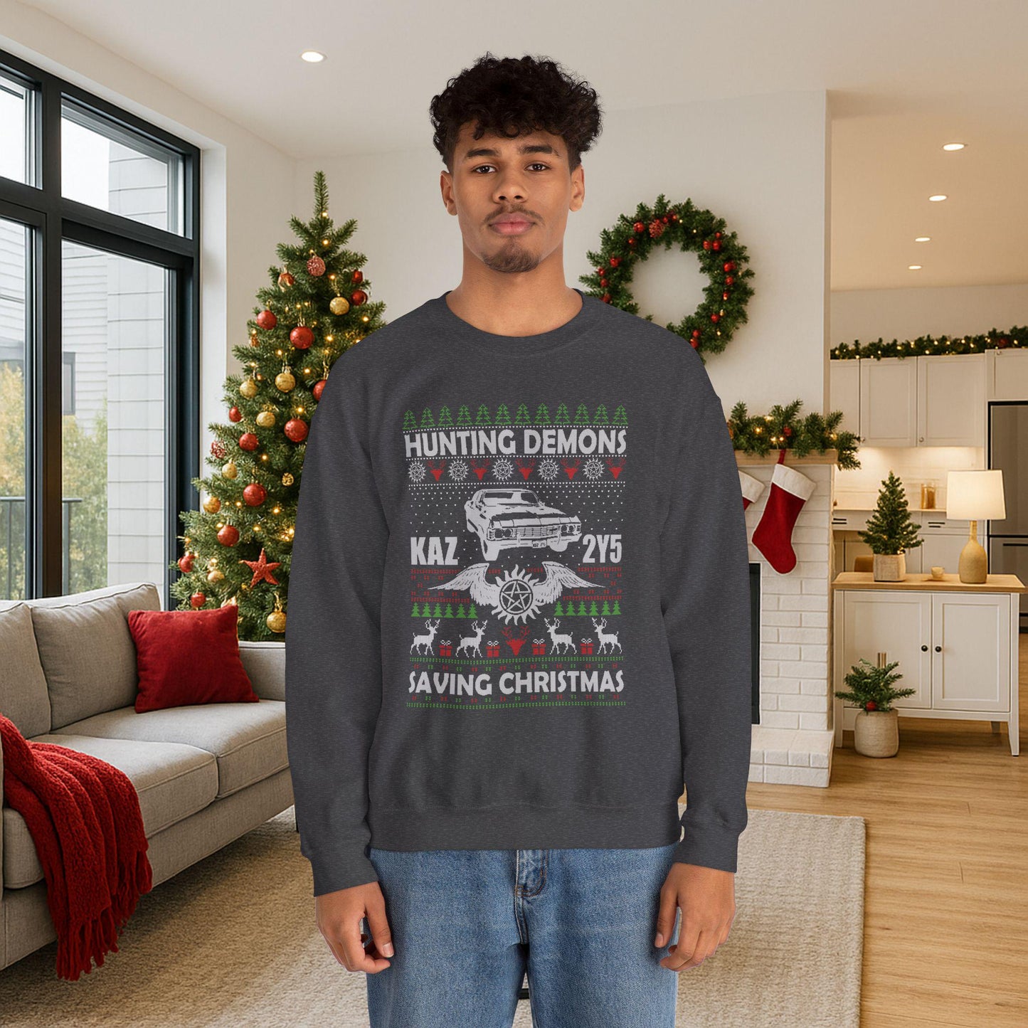 Supernatural Hunting Demons Christmas Sweatshirt | KAZ 2Y5 Impala Ugly Sweater | Saving Christmas Winchester Top