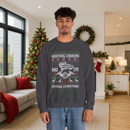 Supernatural Hunting Demons Christmas Sweatshirt | KAZ 2Y5 Impala Ugly Sweater | Saving Christmas Winchester Top