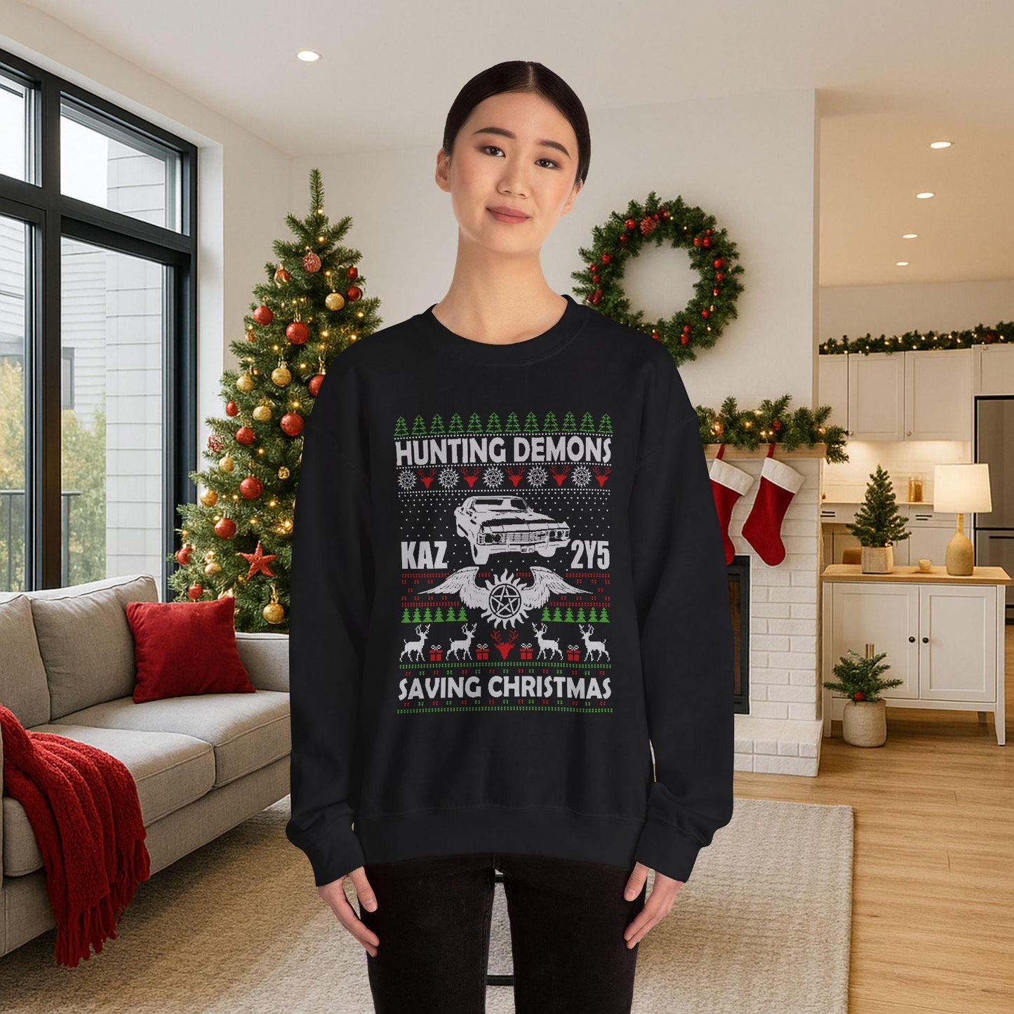 Supernatural Hunting Demons Christmas Sweatshirt | KAZ 2Y5 Impala Ugly Sweater | Saving Christmas Winchester Top