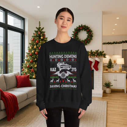 Supernatural Hunting Demons Christmas Sweatshirt | KAZ 2Y5 Impala Ugly Sweater | Saving Christmas Winchester Top