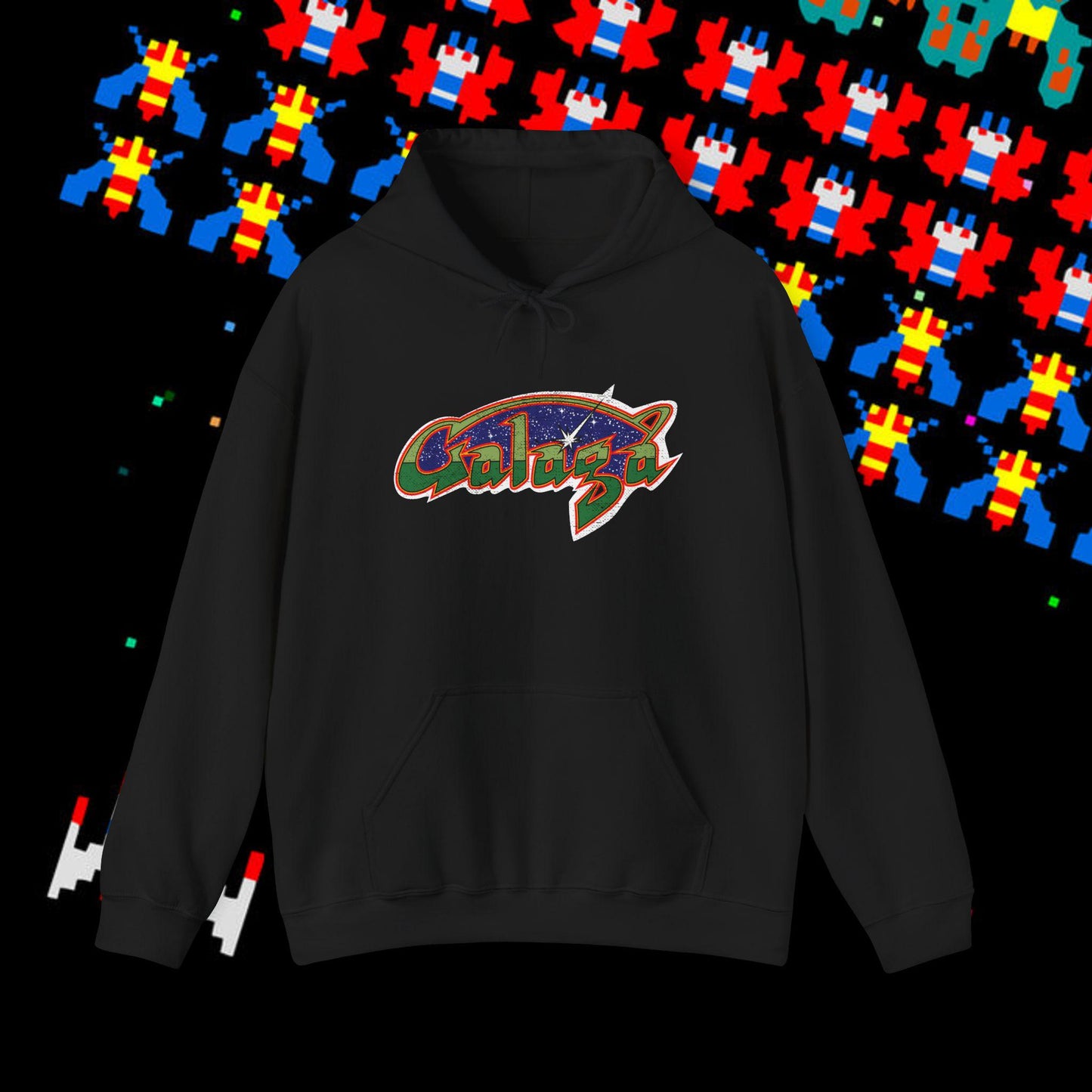Retro Galaga Distressed Arcade Logo Hoodie | 80s Gamer Sweatshirt