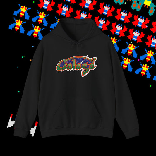 Retro Galaga Distressed Arcade Logo Hoodie | 80s Gamer Sweatshirt