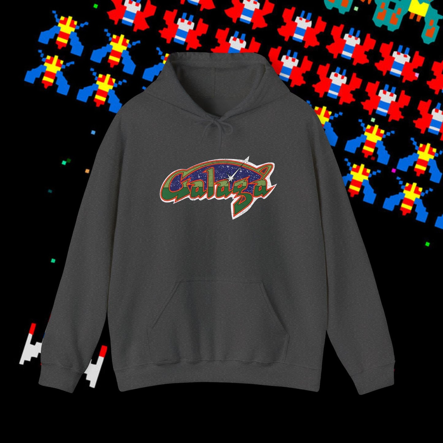 Retro Galaga Distressed Arcade Logo Hoodie | 80s Gamer Sweatshirt