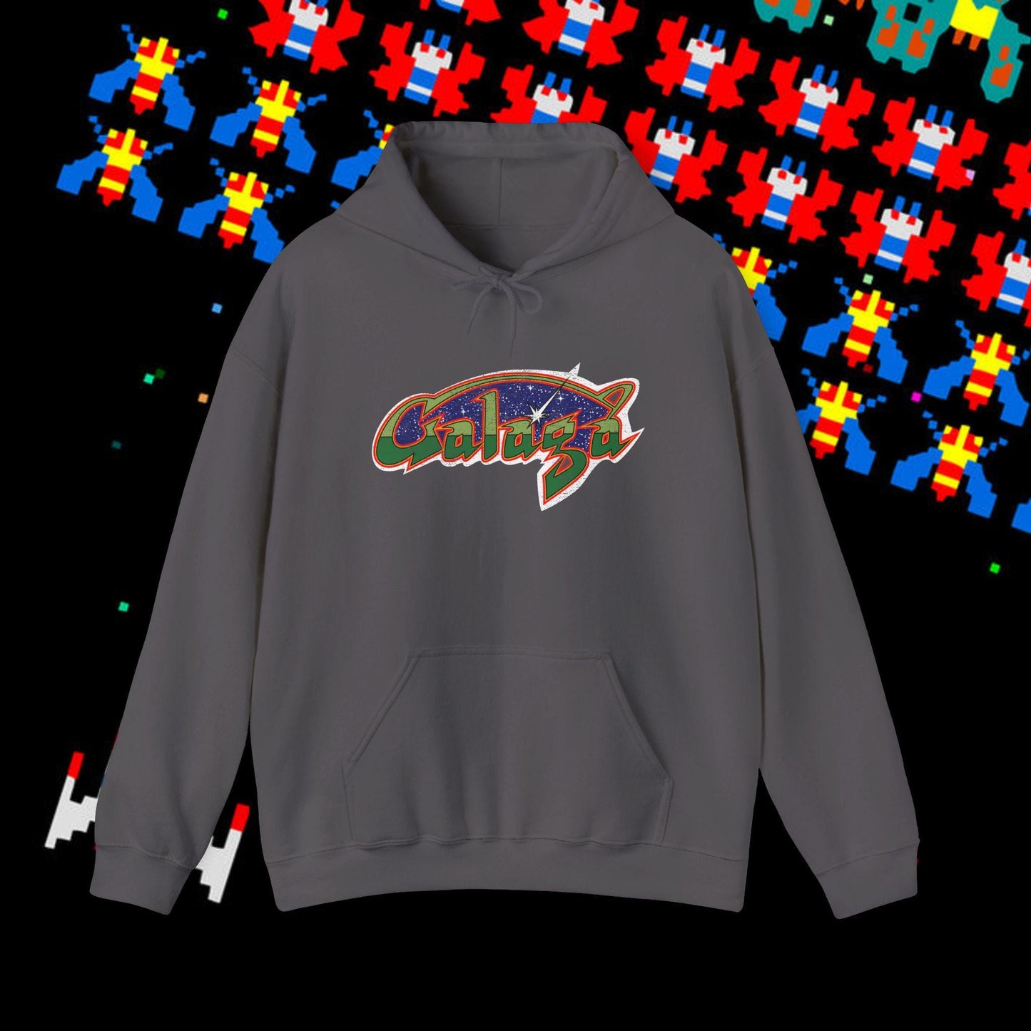 Retro Galaga Distressed Arcade Logo Hoodie | 80s Gamer Sweatshirt