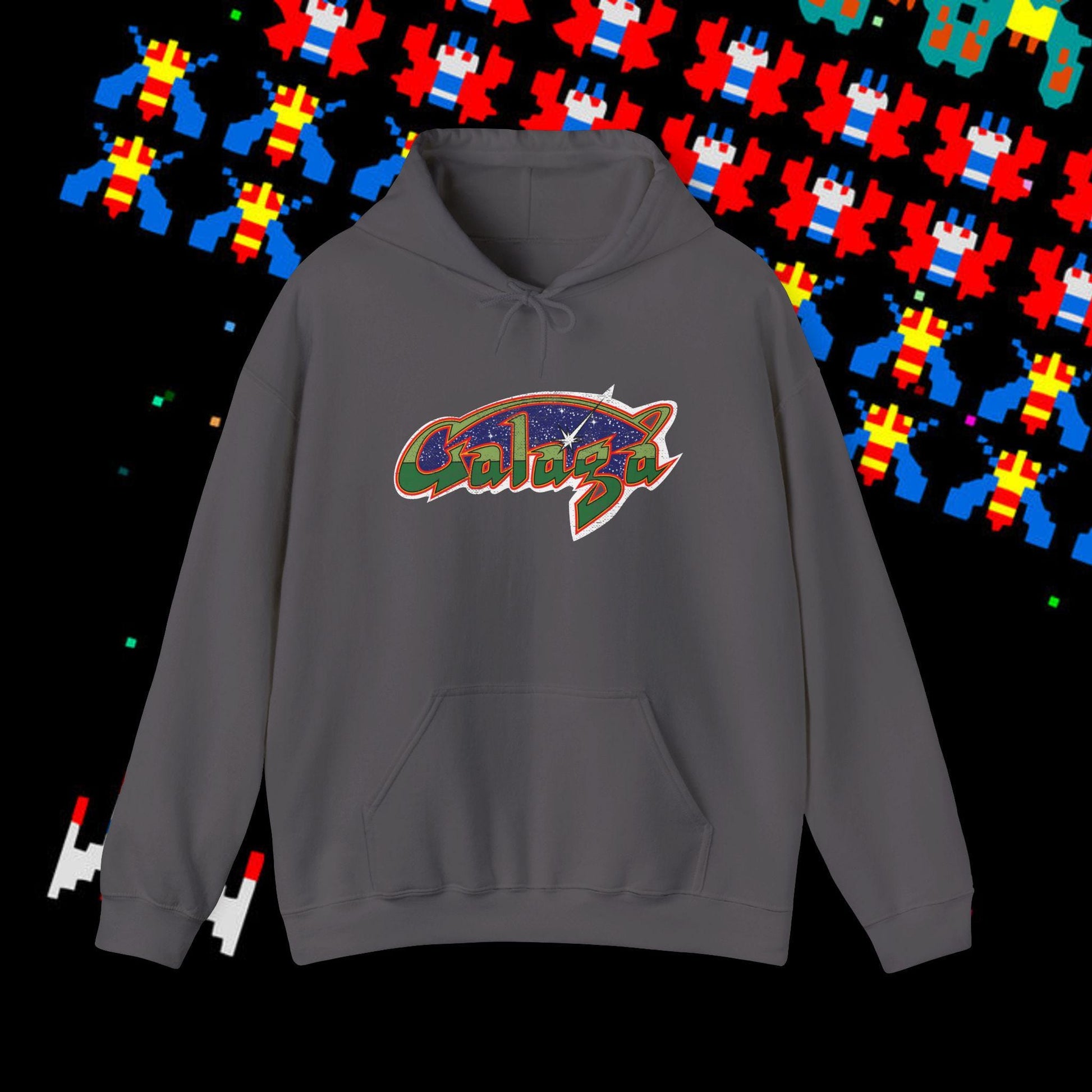 Retro Galaga Distressed Arcade Logo Hoodie | 80s Gamer Sweatshirt