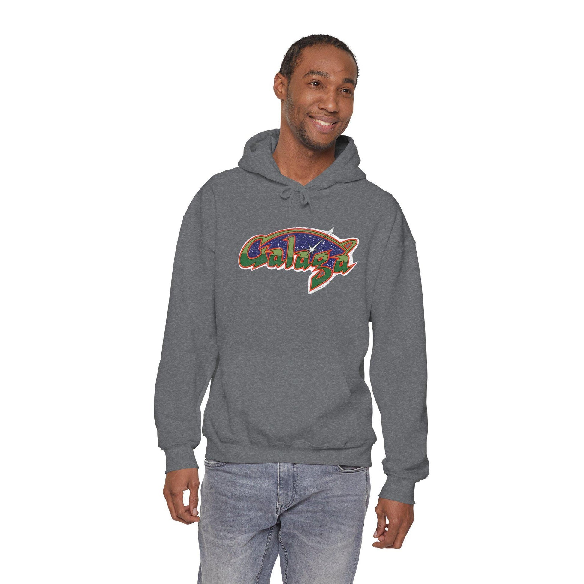 Retro Galaga Distressed Arcade Logo Hoodie | 80s Gamer Sweatshirt