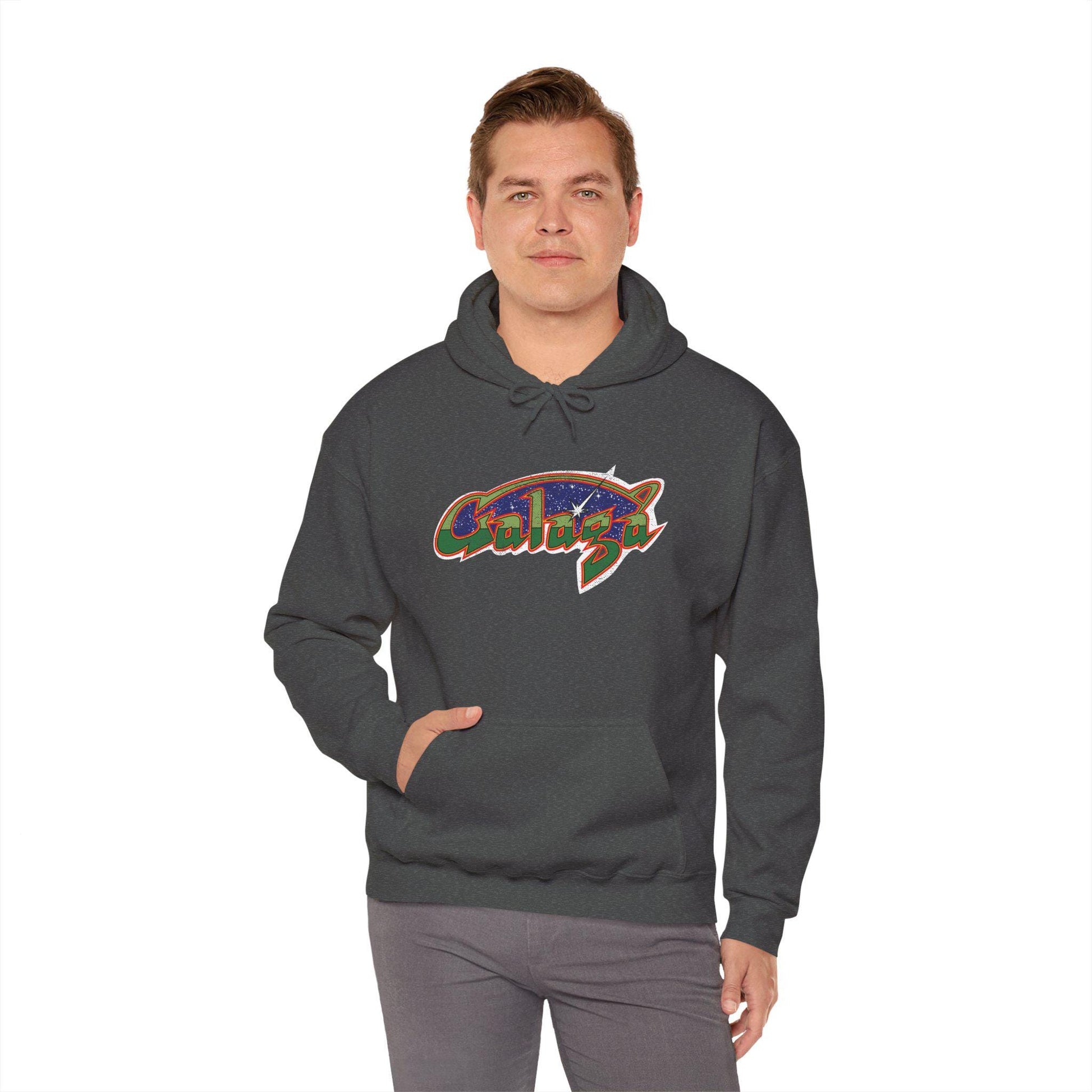 Retro Galaga Distressed Arcade Logo Hoodie | 80s Gamer Sweatshirt