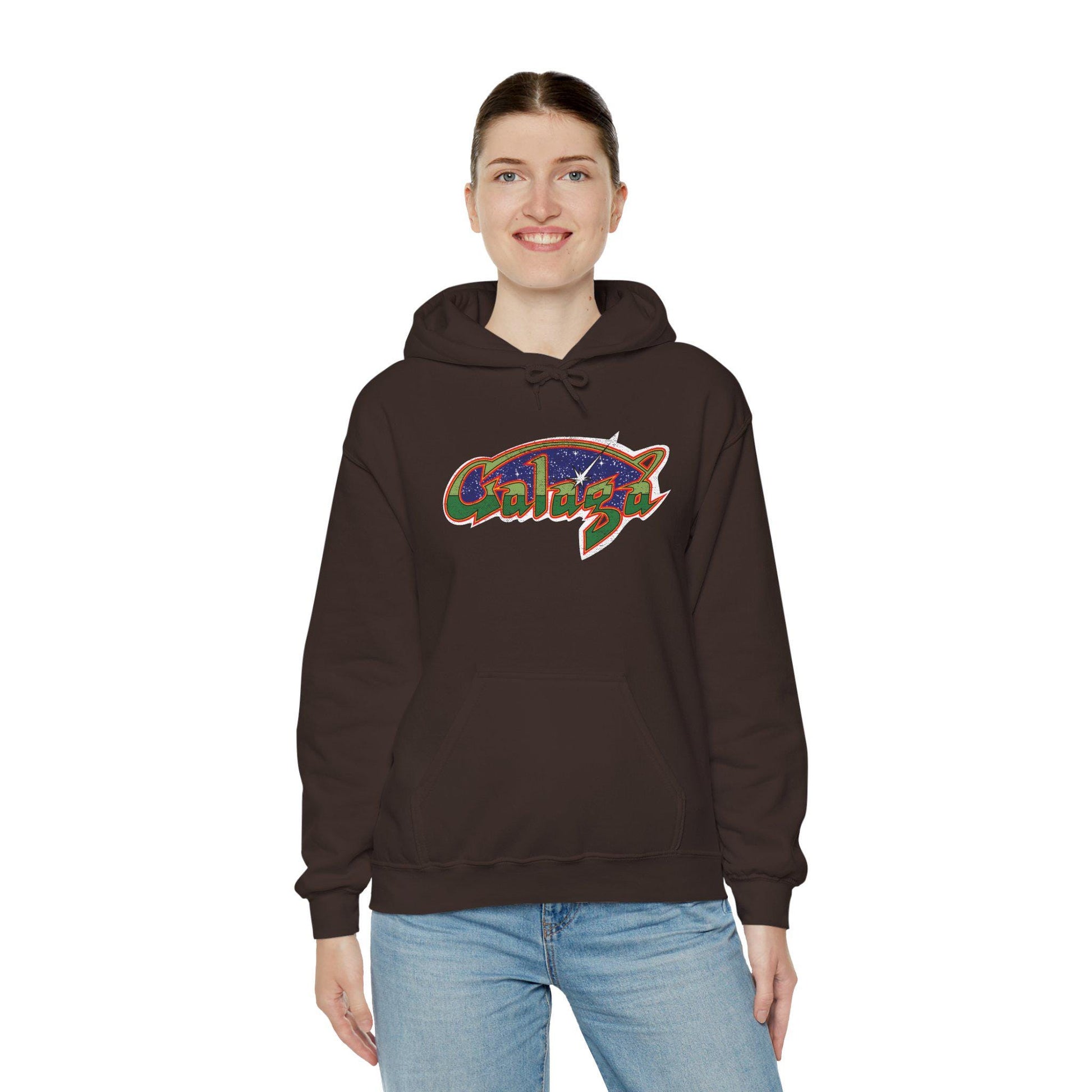 Retro Galaga Distressed Arcade Logo Hoodie | 80s Gamer Sweatshirt