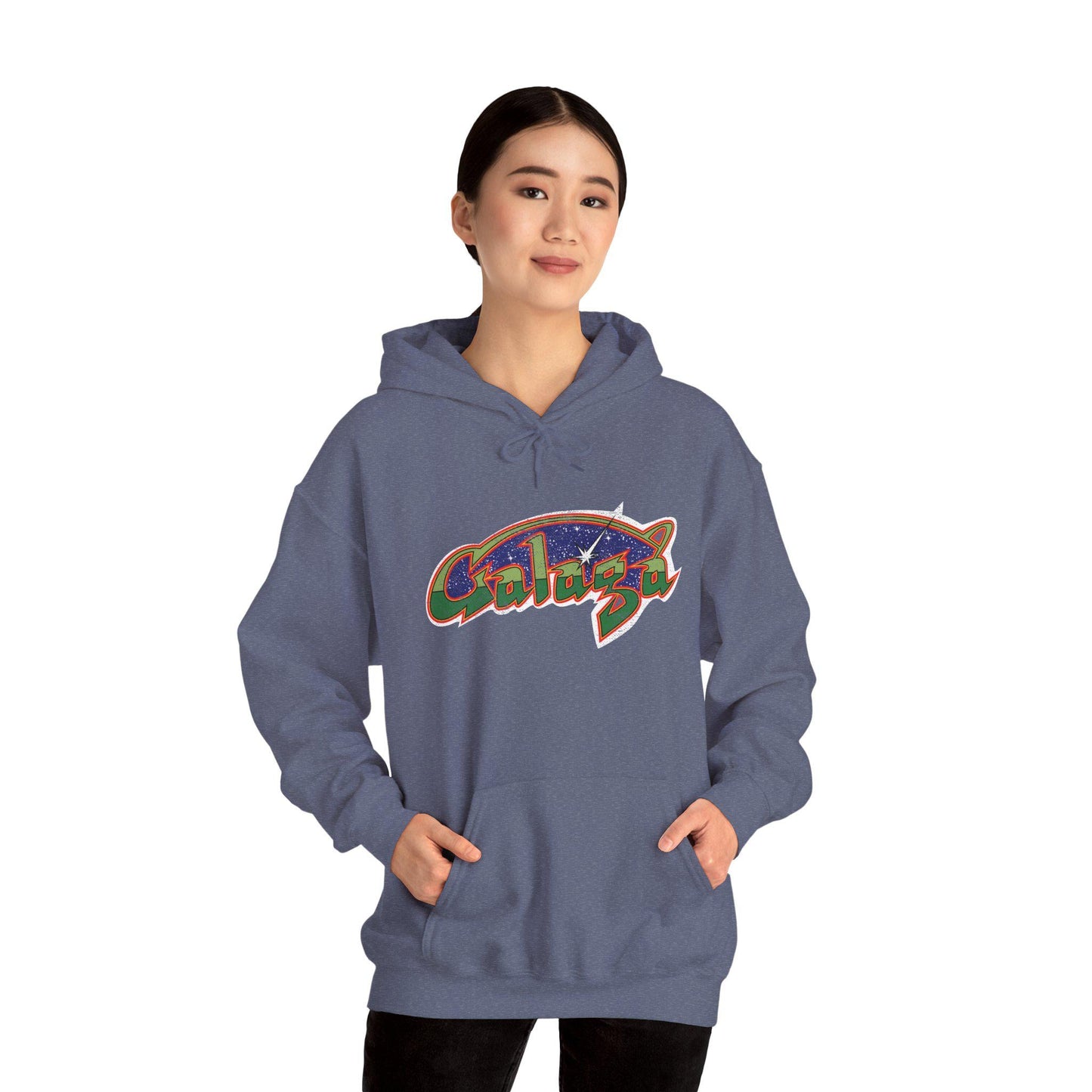 Retro Galaga Distressed Arcade Logo Hoodie | 80s Gamer Sweatshirt