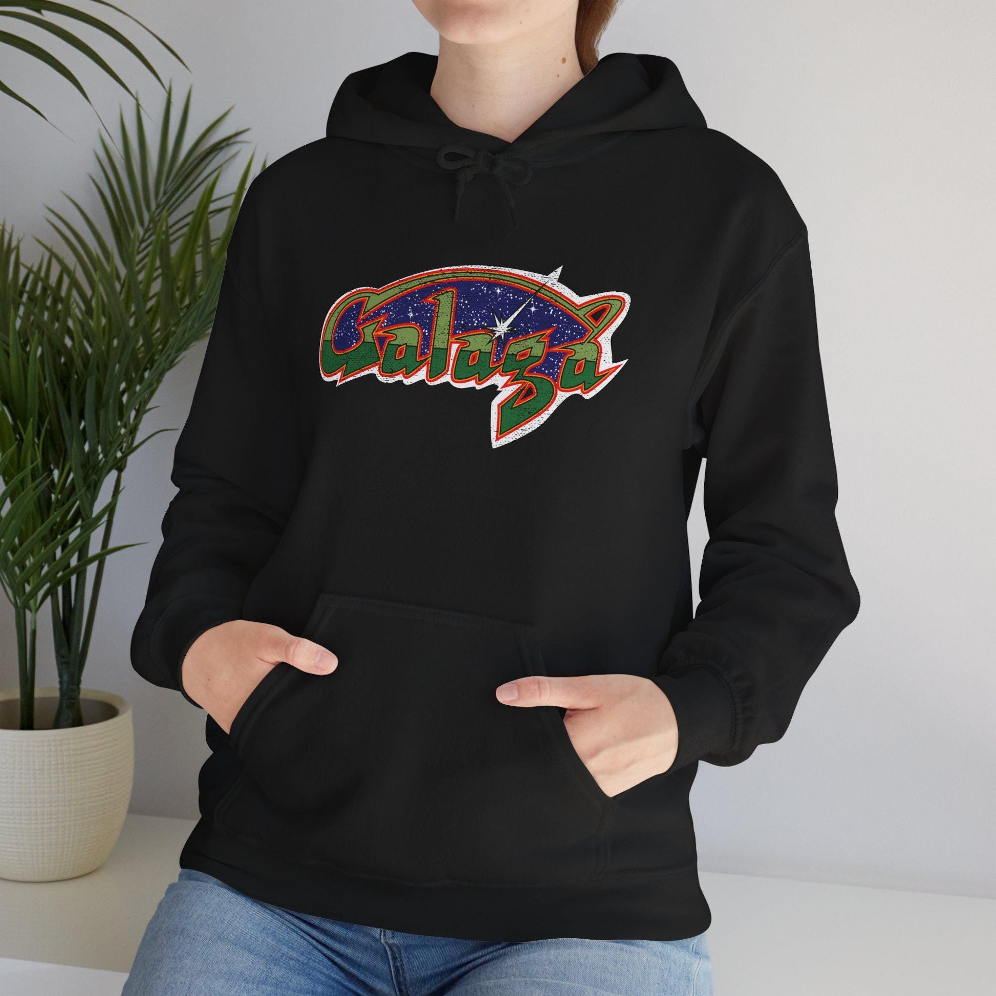 Retro Galaga Distressed Arcade Logo Hoodie | 80s Gamer Sweatshirt