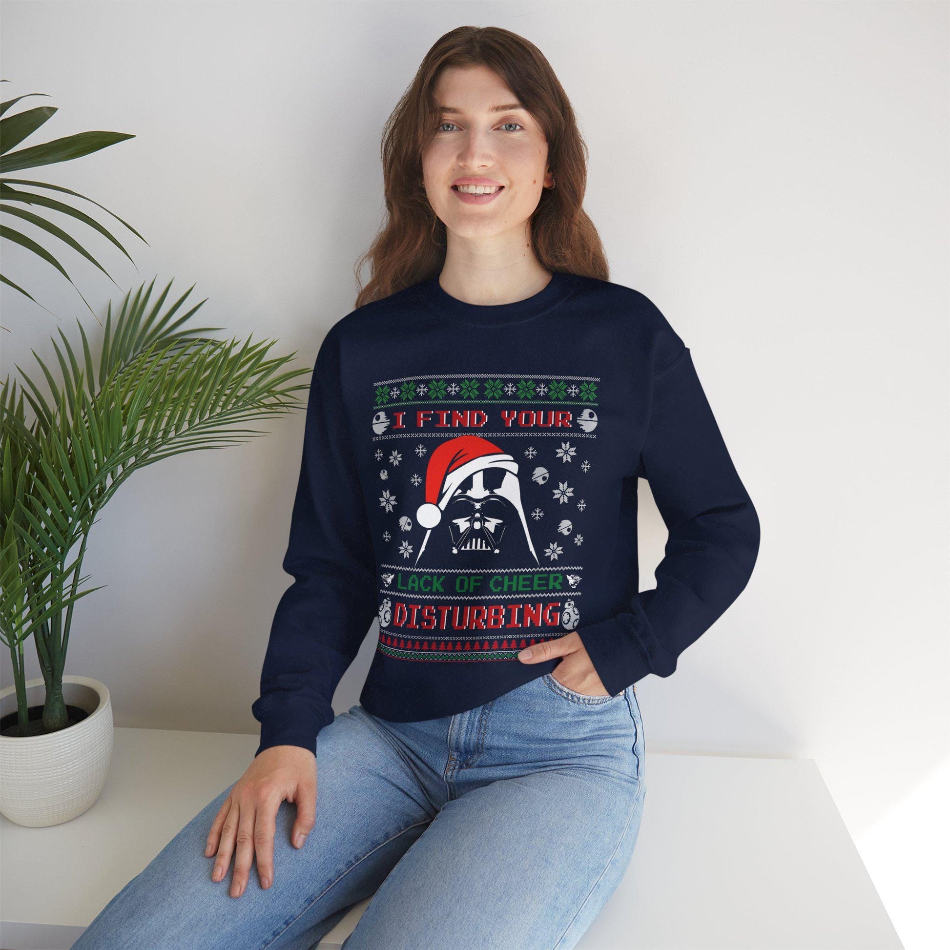 Darth Vader Lack of Cheer Christmas Sweatshirt | Star Wars Parody Ugly Christmas Sweater | Retro Sci Fi Holiday Shirt