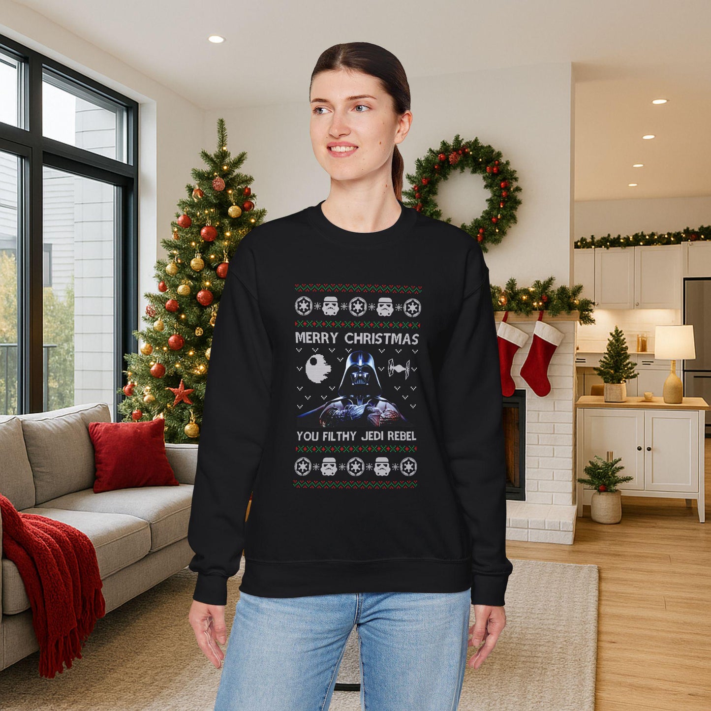 Darth Vader You Filthy Jedi Rebel Ugly Christmas Sweatshirt | Star Wars Parody Holiday Sweater | Retro Galactic Fleece Crewneck