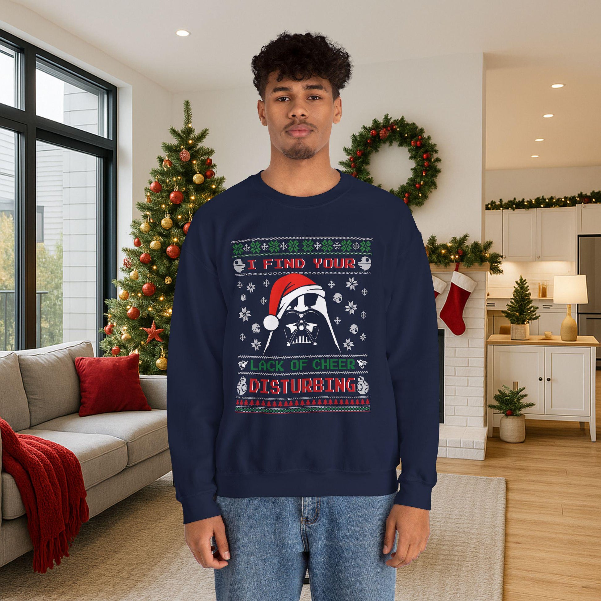 Darth Vader Lack of Cheer Christmas Sweatshirt | Star Wars Parody Ugly Christmas Sweater | Retro Sci Fi Holiday Shirt