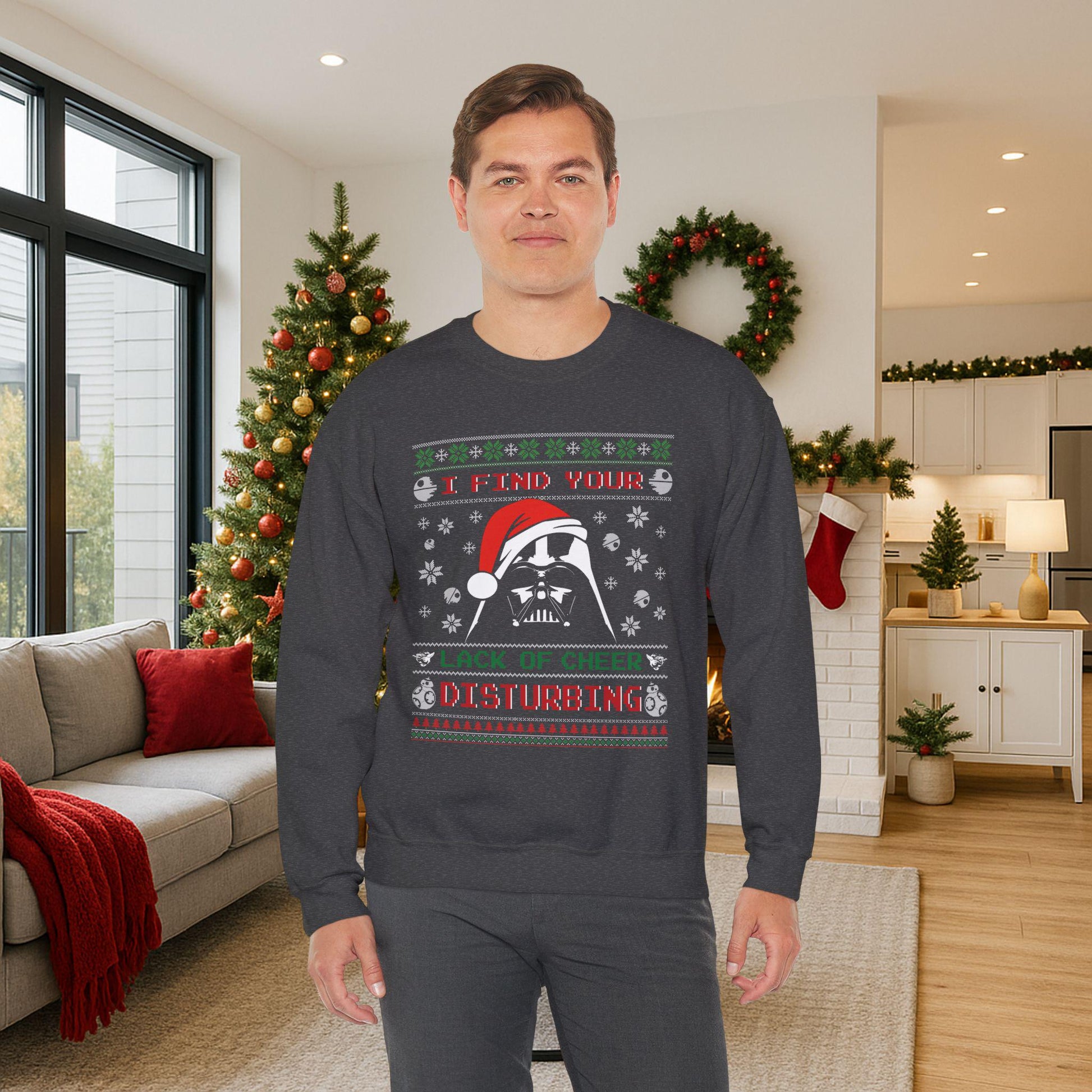 Darth Vader Lack of Cheer Christmas Sweatshirt | Star Wars Parody Ugly Christmas Sweater | Retro Sci Fi Holiday Shirt