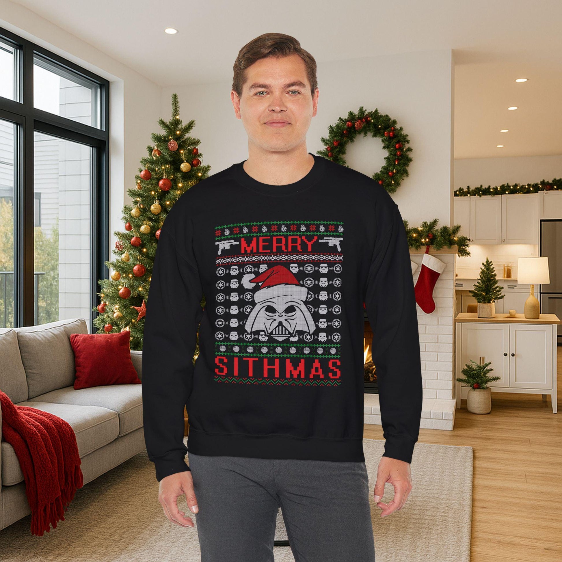 Merry Sithmas Darth Vader Ugly Christmas Sweatshirt | Star Wars Parody Holiday Sweater | Retro Galactic Fleece Crewneck