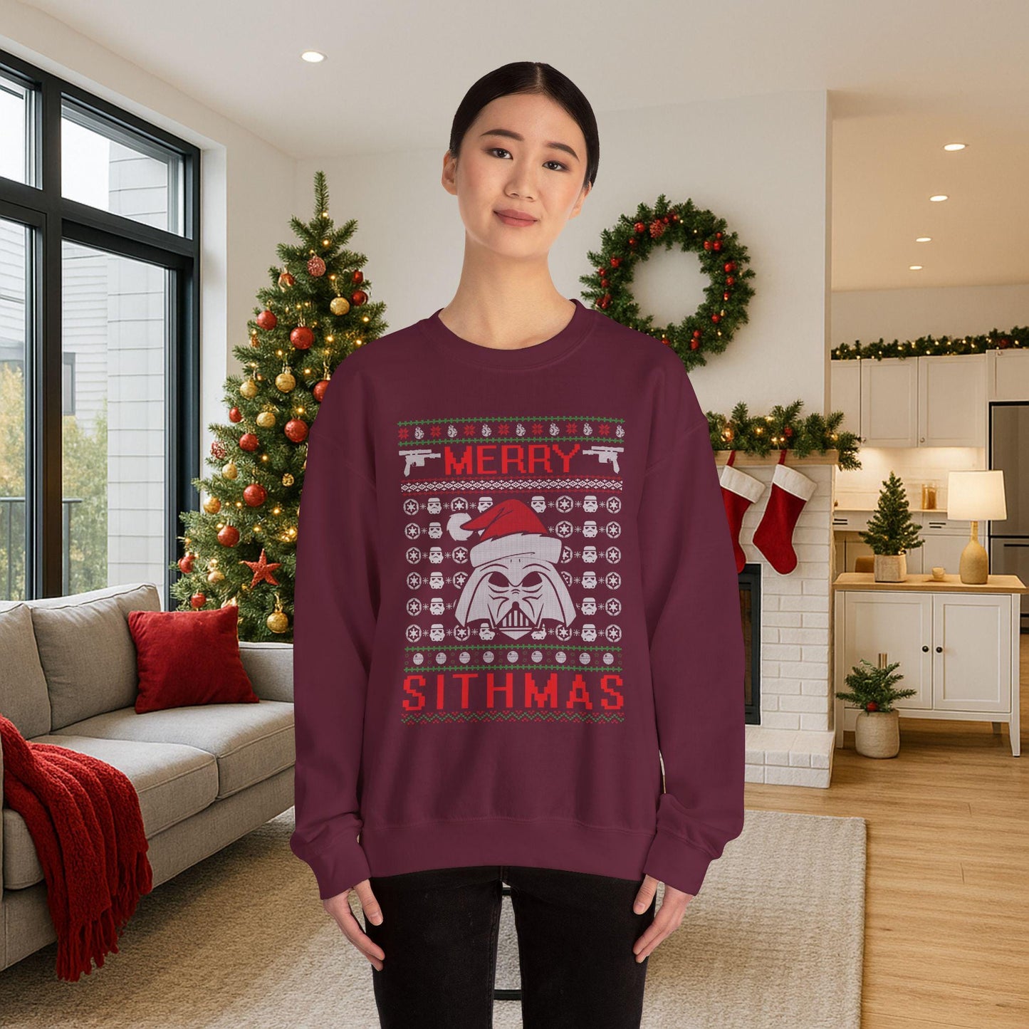 Merry Sithmas Darth Vader Ugly Christmas Sweatshirt | Star Wars Parody Holiday Sweater | Retro Galactic Fleece Crewneck