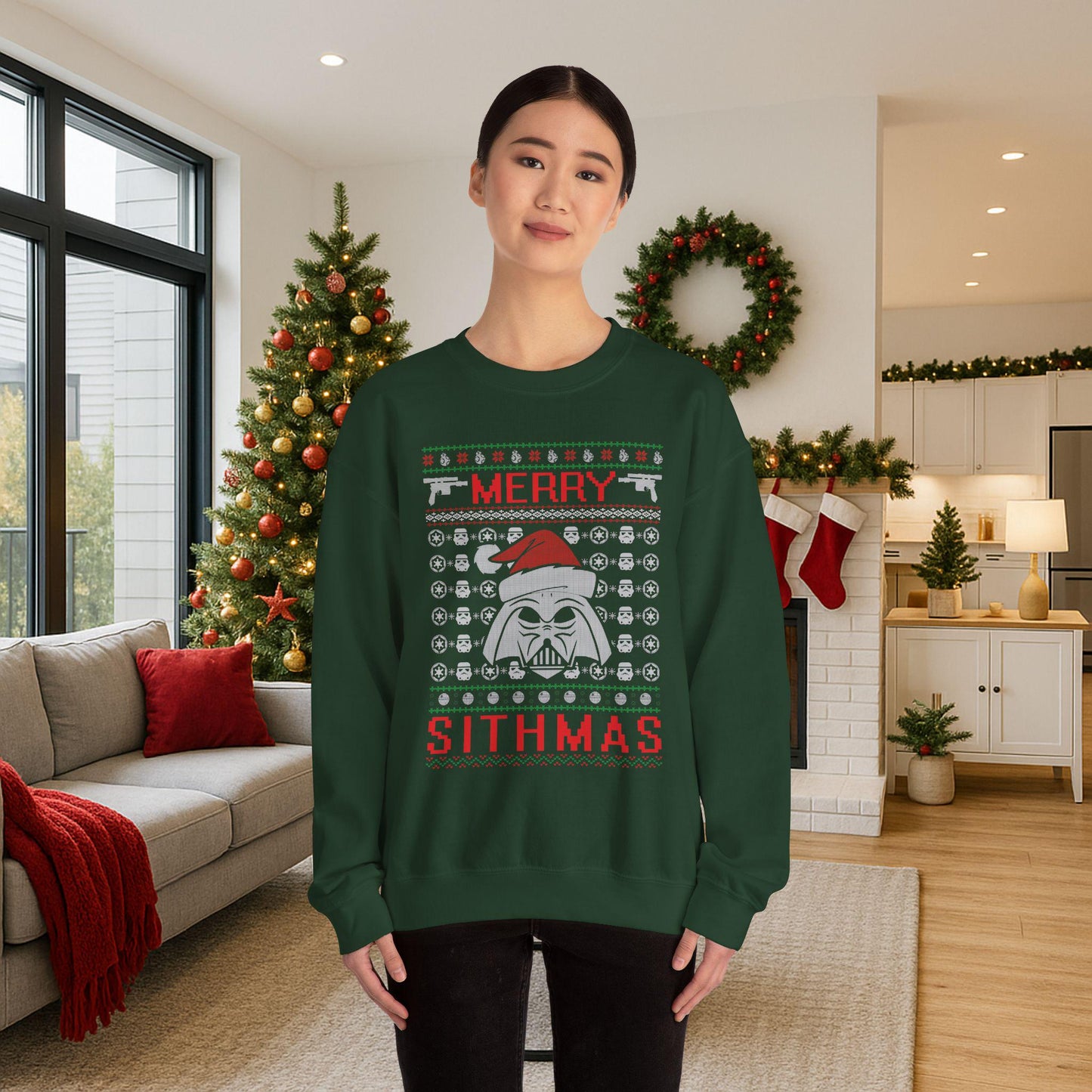 Merry Sithmas Darth Vader Ugly Christmas Sweatshirt | Star Wars Parody Holiday Sweater | Retro Galactic Fleece Crewneck