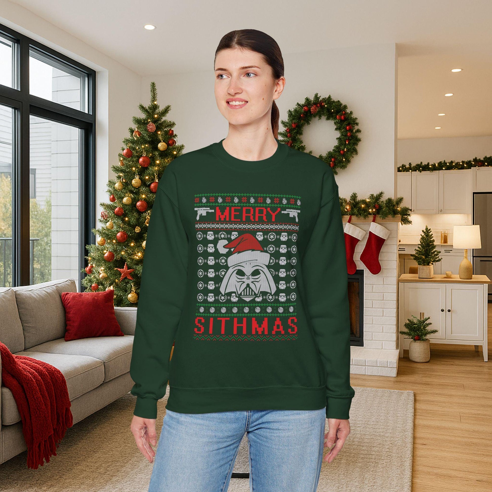 Merry Sithmas Darth Vader Ugly Christmas Sweatshirt | Star Wars Parody Holiday Sweater | Retro Galactic Fleece Crewneck