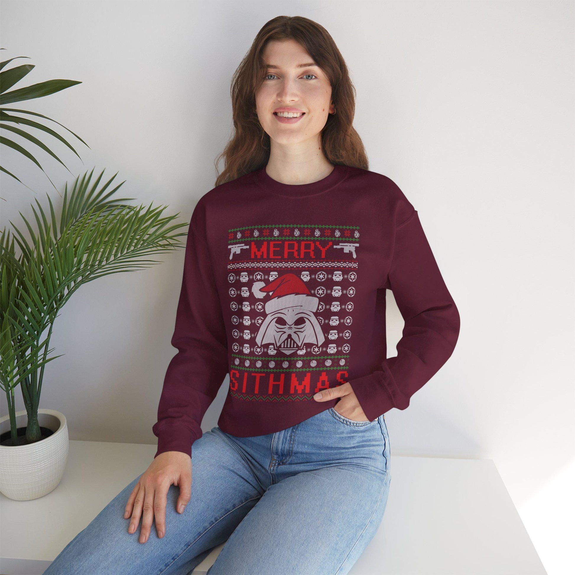 Merry Sithmas Darth Vader Ugly Christmas Sweatshirt | Star Wars Parody Holiday Sweater | Retro Galactic Fleece Crewneck