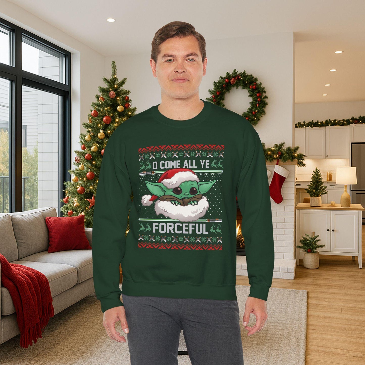 Baby Yoda Merry Forcemas Sweatshirt | Star Wars Grogu Ugly Christmas Sweater | Retro Galactic Holiday Crewneck
