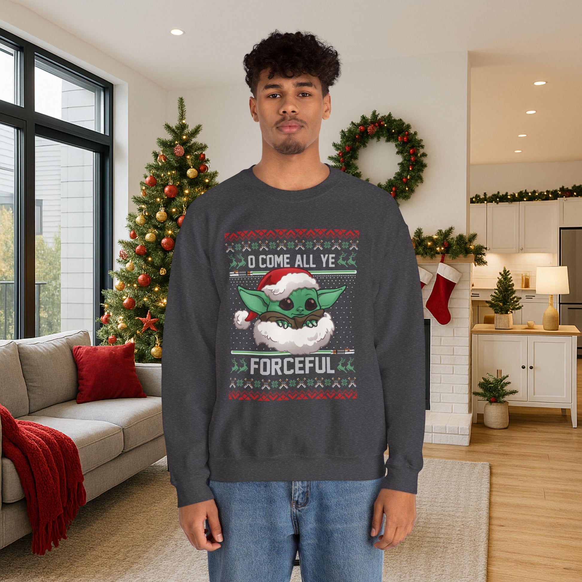Baby Yoda Merry Forcemas Sweatshirt | Star Wars Grogu Ugly Christmas Sweater | Retro Galactic Holiday Crewneck