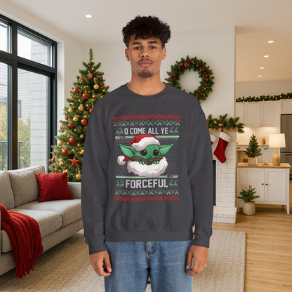 Baby Yoda Merry Forcemas Sweatshirt | Star Wars Grogu Ugly Christmas Sweater | Retro Galactic Holiday Crewneck