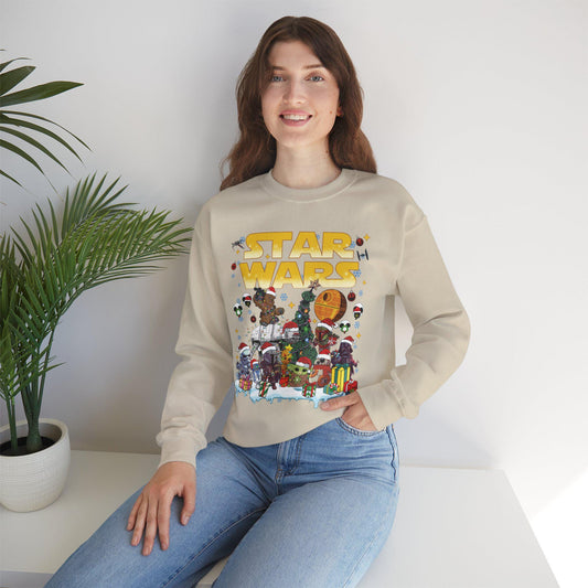Star Wars Christmas Collage Sweatshirt | Retro Galaxy Holiday Unisex Crewneck | Nerdy Sci-Fi Ugly Christmas Sweater