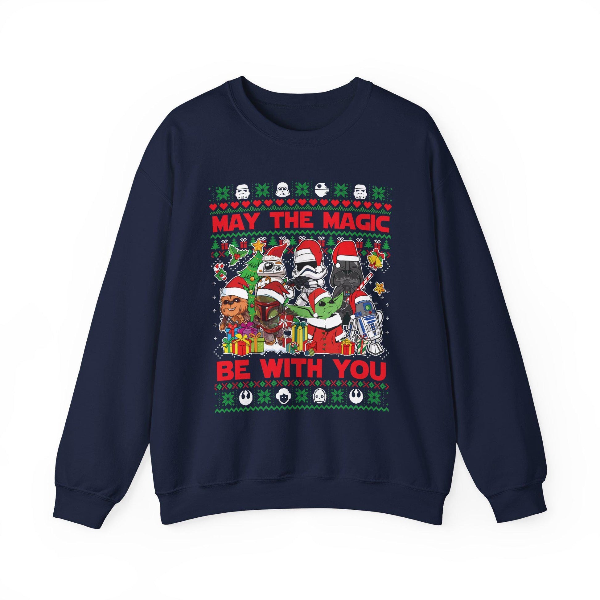 Star Wars Christmas Magic Sweatshirt | May the Holiday Magic Be With You Ugly Christmas Sweater | Retro Sci-Fi Unisex Crewneck