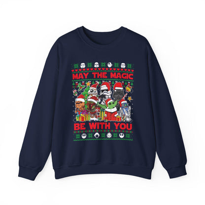 Star Wars Christmas Magic Sweatshirt | May the Holiday Magic Be With You Ugly Christmas Sweater | Retro Sci-Fi Unisex Crewneck