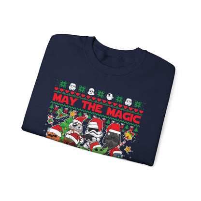 Star Wars Christmas Magic Sweatshirt | May the Holiday Magic Be With You Ugly Christmas Sweater | Retro Sci-Fi Unisex Crewneck