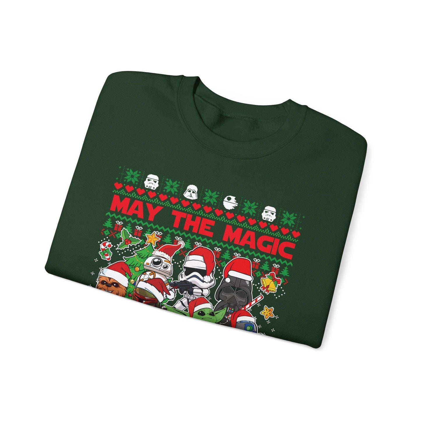 Star Wars Christmas Magic Sweatshirt | May the Holiday Magic Be With You Ugly Christmas Sweater | Retro Sci-Fi Unisex Crewneck