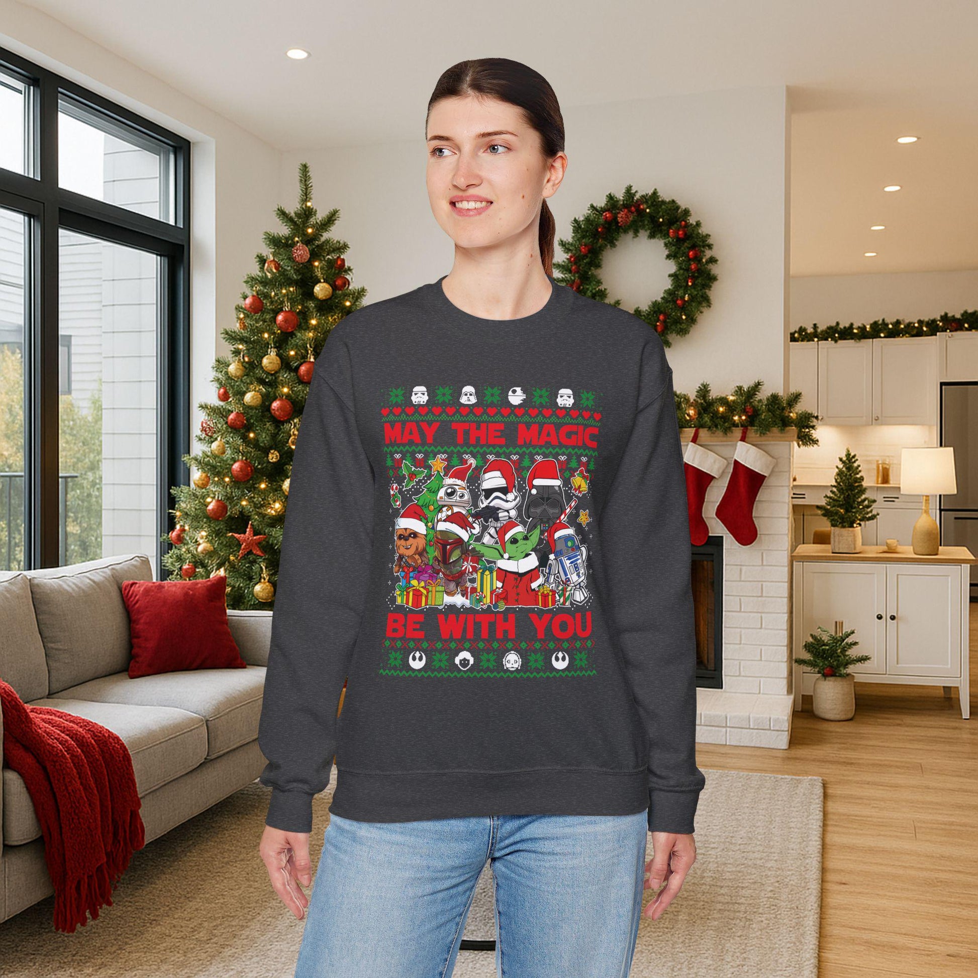 Star Wars Christmas Magic Sweatshirt | May the Holiday Magic Be With You Ugly Christmas Sweater | Retro Sci-Fi Unisex Crewneck