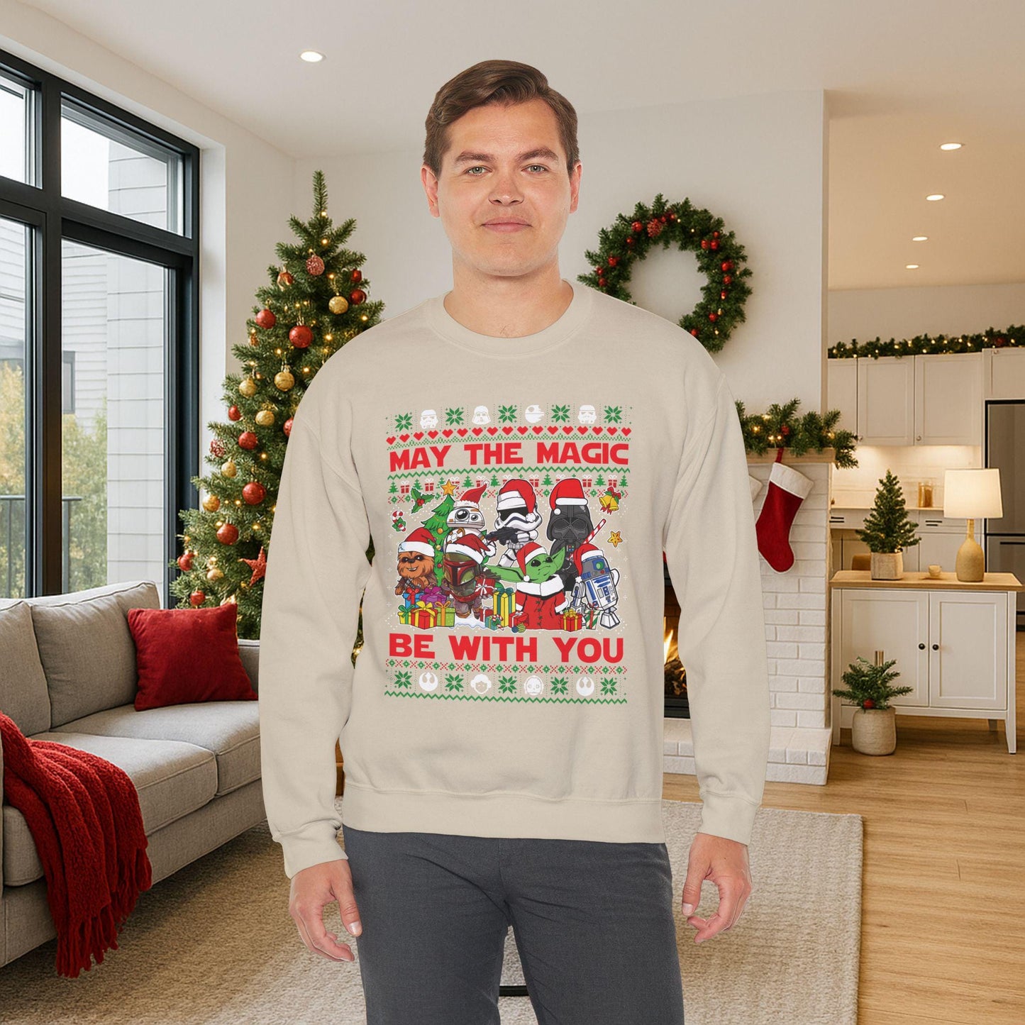Star Wars Christmas Magic Sweatshirt | May the Holiday Magic Be With You Ugly Christmas Sweater | Retro Sci-Fi Unisex Crewneck
